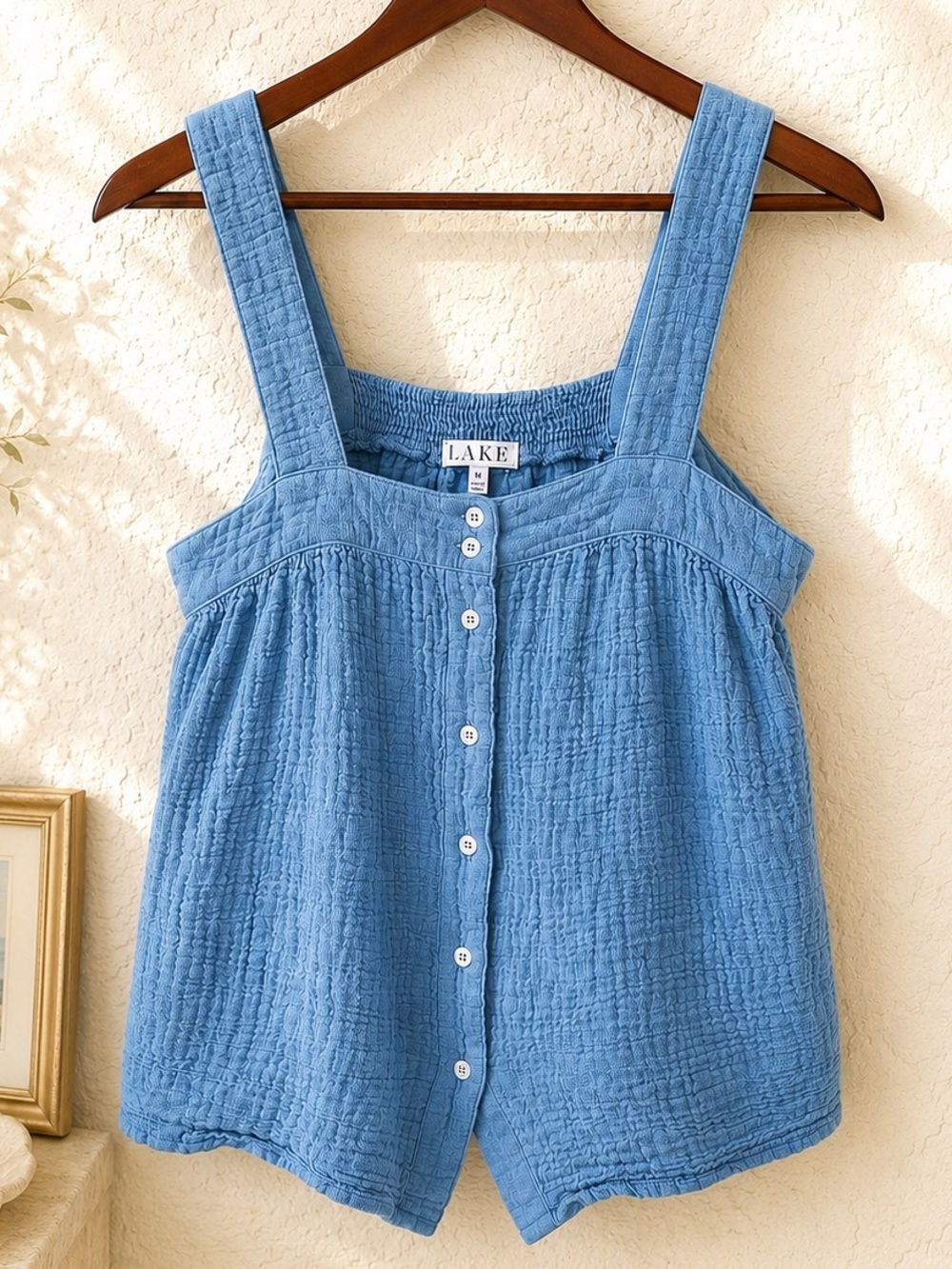 LAKE Blue Gauze Button Front Tank Top Cotton Modal Coastal Boho Medium